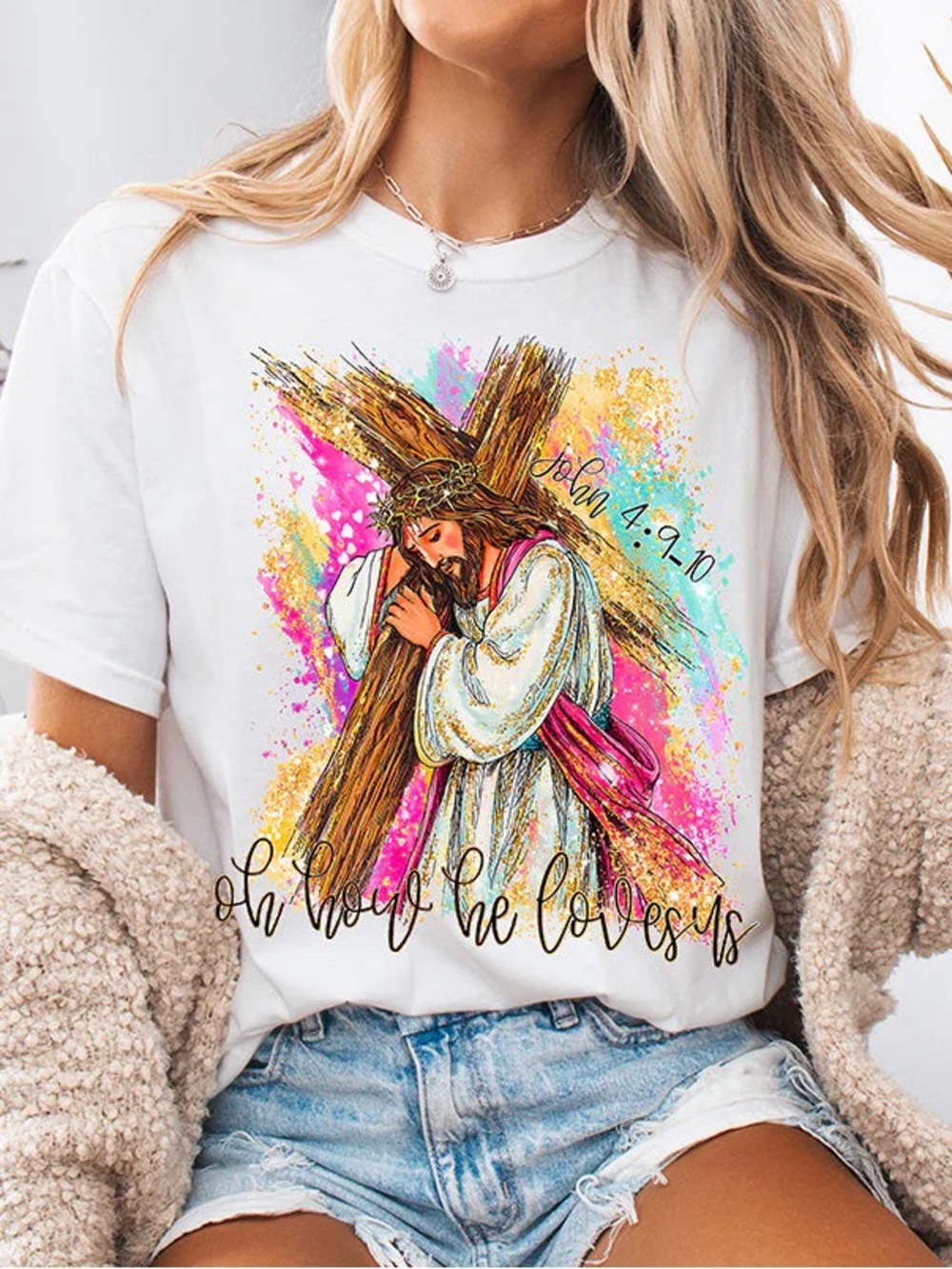 Christian Jesus Carrying Cross Graphic Tee - White with Multicolor Print